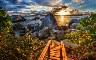 Wooden staircase beach sunset rocky - a wooden staircase free wallpaper