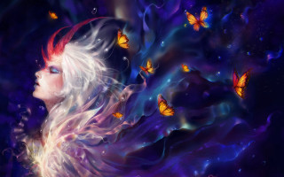 White hair butterflies purple background - anna dittmann free wallpaper