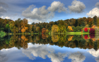 Lake trees clouds reflections impressionism - reflection free wallpaper for desktop