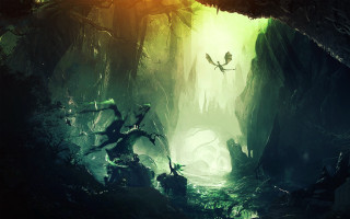 Forest light cave bird fantasy - a painting of a forest free wallpaper