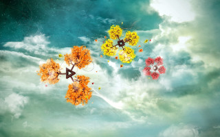 Colorful kites cloudy sky trees - a cloudy sky free wallpaper