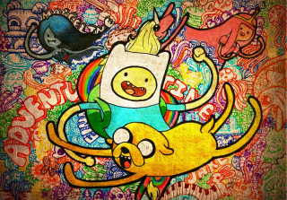 Cartoon character riding cat skateboard - psychedelic free wallpaper for desktop