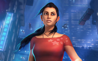 Woman red dress city night 3 - a cityscape in the background free wallpaper