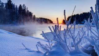 River forest sunset snow mountain - foggy free wallpaper