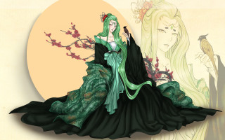 Green dress birds fullmoon ukiyo - emperor huizong of song free wallpaper