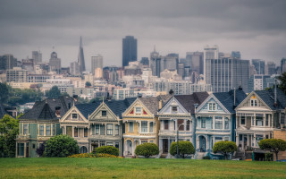 Cityscape houses cloudy sky green - american impressionism free wallpaper