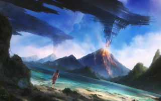 Beach man alien ship mountain - christopher moeller free wallpaper for desktop
