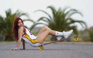 Redhaired woman skateboard outdoors photorealistic - athletic free wallpaper