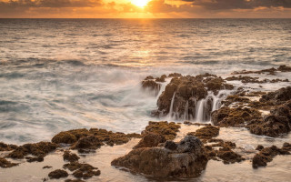 Sunset ocean waves rocks foreground 2 - the foreground and a body of water free wallpaper