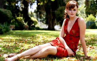 Woman red dress grass park 2 - the ground free wallpaper