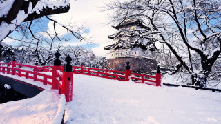 Red bridge snowy river pagoda - river free wallpaper
