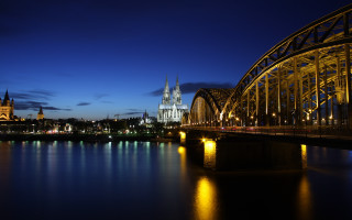 Bridge building night cathedral cityscape - free architecture wallpaper