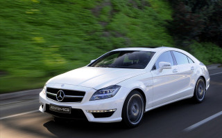 White mercedes cls driving nature - a forest of trees and bushes free wallpaper