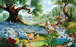 Fairy land pond tree people - storybook illustration free wallpaper for desktop