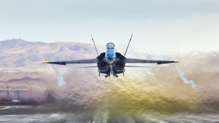 Fighter jet over water mountains - professional digital painting free wallpaper