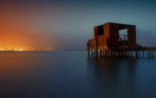 Wooden structure water pier night 2 - water next free wallpaper