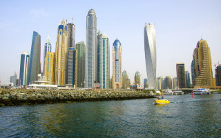 River cityscape ruins tower boat - matte painting free wallpaper for desktop