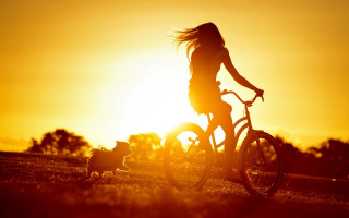 Woman bike dog sunset autumn - a woman riding free wallpaper for desktop