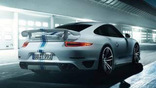 Silver sports car parking garage 4 - a blue stripe free wallpaper