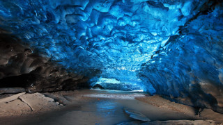 Blue ice cave water stream - a cave painting free wallpaper for desktop