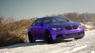 Purple car snowy road bush - a purple car free wallpaper