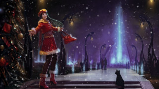 Woman red coat cat snowy - a street light in the background free wallpaper