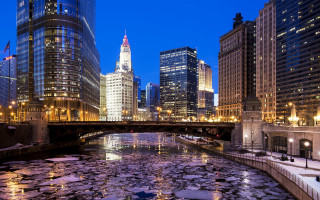 River ice cityscape bridge clocktower - erin hanson free wallpaper