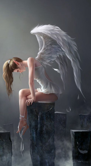 Woman sitting rock angel wings - free fantasy wallpaper for mobile