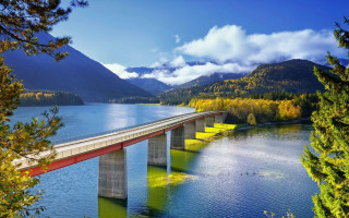 Red bridge mountains autumn nature - the background and trees free wallpaper