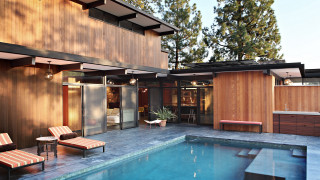 Pool lounge hotTub woodenBuilding reflection - modernism free wallpaper