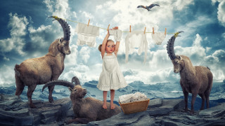 Girl goats rock bird cloud - over her head free wallpaper