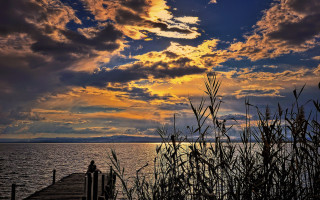 Sunset dock lake cityscape clouds - lake free wallpaper for desktop
