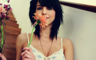 Woman flower vase staircase art - short hair free wallpaper