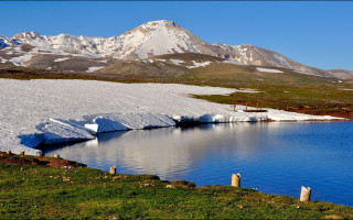 Lake mountains grassy field ecological - covered free wallpaper for desktop