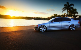 Silver car beach sunset palm - rim light free wallpaper