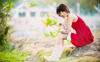 Red dress woman teddy park - a teddy bear free wallpaper