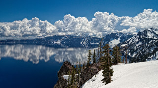 Mountain lake clouds trees snowy - the sky and trees free wallpaper