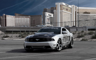 White mustang cityscape fence cloudy - a parking lot in front free wallpaper