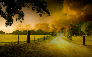 Dirt road gate field clouds 2 - cloud and trees free wallpaper