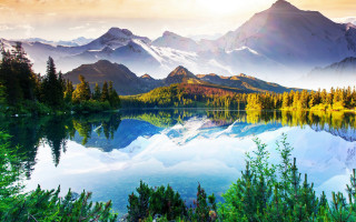 Mountain lake nature sunset trees - a painting of a mountain lake free wallpaper