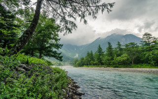 Lush river forest mountains cloudy - under a cloudy sky free wallpaper