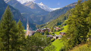 Mountain village church landscape blue - a village free wallpaper