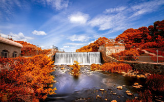 River waterfall autumn trees rocks - autumn free wallpaper for desktop