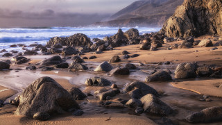 Beach rocks water mountain clouds 2 - rock and water free wallpaper for desktop
