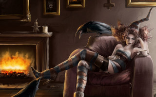 Gothic fantasy woman crow fireplace - dark fantasy art free wallpaper
