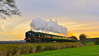 Train sunset mountain landscape forest - a cloud of smoke free wallpaper