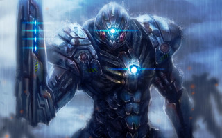 Futuristic man glowing arm sword - a cloudy sky behind free wallpaper