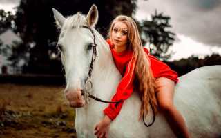 Woman red dress white horse - elinor proby adams free wallpaper