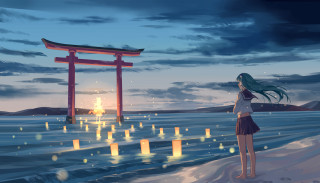 Woman gate candles water sky - atey ghailan free wallpaper