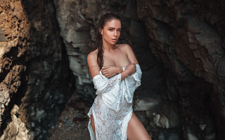 Woman cave white dress artnouveau - free beach wallpaper